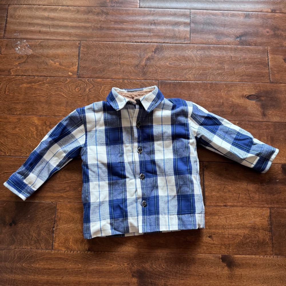 Cat & Jack Boys Blue White‎ Plaid Sherpa Lined Flannel Shirt Jacket 2T